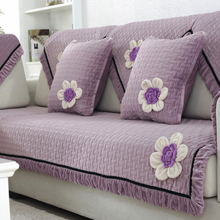 毛L绒沙发垫冬季布艺防滑坐垫家用加厚客厅冬天紫色万能全包沙发