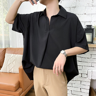 夏季韩版潮流BF风宽松休闲短袖衬衫男士简约雪纺免烫纯色气质衬衣