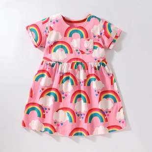 女童粉色彩虹短袖连衣裙宝宝圆领，休闲t恤裙子，儿童夏装小童沙滩裙8