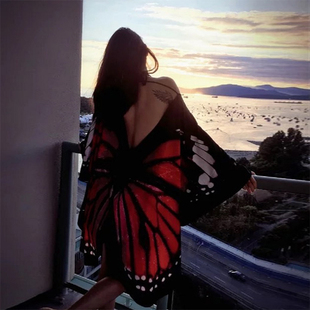 蝴蝶海边度假风精致印花罩衫，蝙蝠袖开衫轻薄防晒和服外套