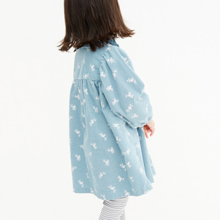 两岁女童春装连衣裙2023年女童灯芯绒碎花蓝色儿童长袖裙洋气