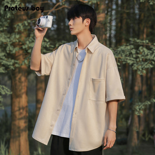 短袖衬衫男夏季日系工装，麂皮绒纯色，翻领男生七分袖寸衣外套装