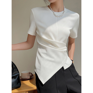 白色法式掐腰不规则短袖，t恤女夏季2024设计感收腰丝光棉上衣