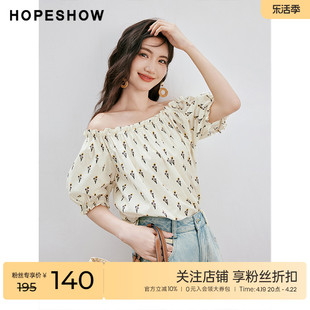 红袖outlets碎花雪纺衫，hopeshow2023秋季女装，抽褶一字肩上衣