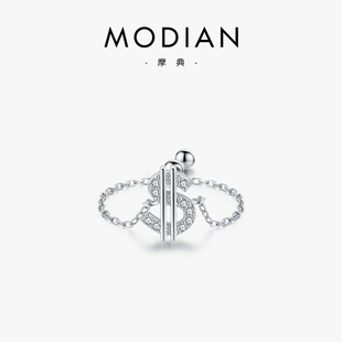 modian925纯银镶嵌锆石音符戒指，创意百搭时尚，原创设计风链式戒子