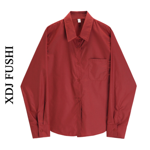 韩风chic设计感显白气质玫红色衬衫女早春叠穿内搭长袖上衣