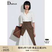 IDPAN女装夏季立裁H型廓形精致V型大衬衫领短袖连衣裙