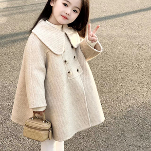 韩国童装毛呢大衣女童冬季洋气，女宝宝保暖儿童双面中长款外套