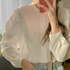 潮流高货韩国2024春季雪纺长袖上衣法式泡泡袖圆领白色衬衫女