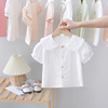 女童蕾丝翻领短袖衬衫夏季婴儿白色，上衣宽松儿童，衬衣女宝宝打底衫