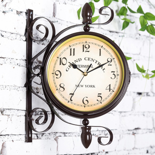 欧式铁艺双面挂钟创意美式田园，挂表现代简约客厅，个表装饰复古时钟