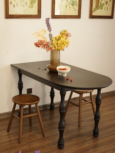 法式复古轻奢实木岛台餐桌，家用小户型黑色弧形，半圆椭圆靠墙饭桌椅