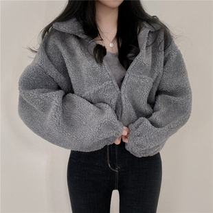 高级感羊羔绒开衫立领外套，女冬季慵懒风，基础款毛毛绒加厚短款卫衣