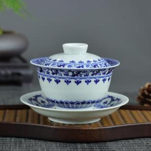 景德镇茶具三才盖碗青花，宝相泡茶碗陶瓷器，家用青花茶碗盖子功夫茶