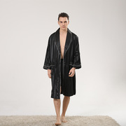 跨境男士夏季丝绸睡袍两件套薄款条纹提花长袖，睡衣男夏加大码浴