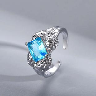 锡纸褶皱感蓝水晶戒指女个性冷淡，风ins高级感食指饰品