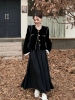 24款大码女装赫本风方领绑带收腰显瘦小黑裙，+黑色丝绒单排扣外套