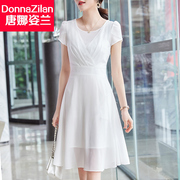 白色连衣裙女短袖2024夏季高端名媛气质小个子时尚洋气雪纺裙