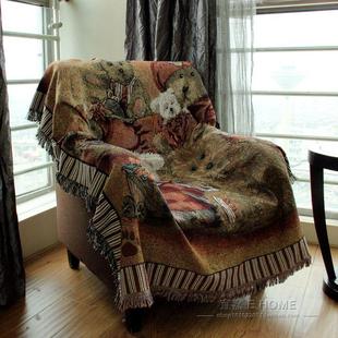 复古美式毛毯棉麻沙发垫老虎椅，背靠巾单双人沙发毯高级感盖布毯