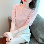 粉色泡泡袖雪纺t恤上衣女，2023夏韩版别致设计感小众短袖衬衫