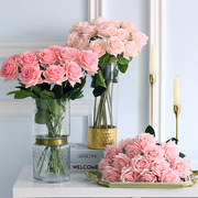 手感保湿仿真粉色玫瑰高档假花客厅餐桌室内装饰，干花摆件拍照花束