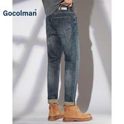GoColman美式复古加绒加厚牛仔裤男秋冬款潮流修身直筒男士长裤子