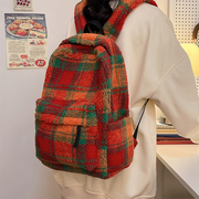 简约韩国小格子复古双肩包女ins百搭学生书包大容量外出毛绒背包