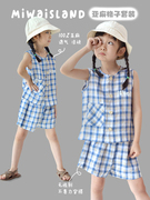 米花之岛原创自制夏季女童亚麻，格子短袖套装，轻薄透气宽松休闲t恤