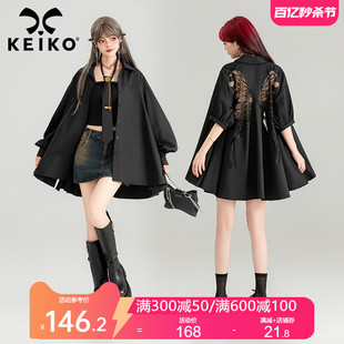 keiko重工蝴蝶刺绣黑色短袖，衬衫薄24夏季设计感泡泡袖上衣防晒衫