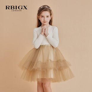 rbigx瑞比克童装女童，百搭长袖设计感潮流，针织拼纱连衣裙