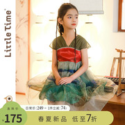 littletime女童绿色，中国风渐变汉服短袖连衣裙，宝宝女孩夏季连衣裙