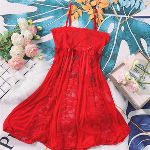 Z110 红色系网纱蕾丝吊带短裙单层半透性感少女居家沙滩内搭