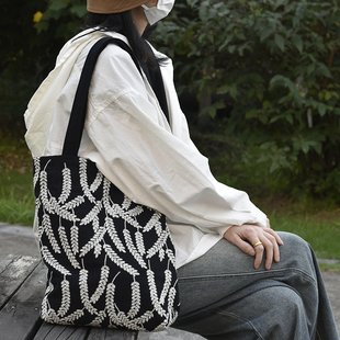 麦穗风枫外原创自制重工刺绣大容量棉麻，帆布包包单肩包女生