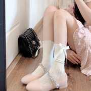 春夏季薄款蝴蝶结蕾丝花边堆堆短袜子奶白色中筒袜JK白色小腿袜女