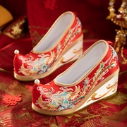 古风汉服鞋子女红色婚鞋坡跟绣花鞋新娘鞋民族风中式秀禾鞋古装鞋