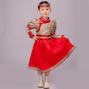 红色儿童女蒙古族长袍民族，风连衣公主裙，节日蓬蓬裙礼服舞蹈演出服