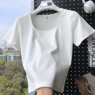2023夏白色方领t恤女短袖常规修身显瘦韩版短款打底纯棉上衣