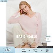 Basic House/百家好纯色基础针织衫女春季v领羊毛衫毛衣