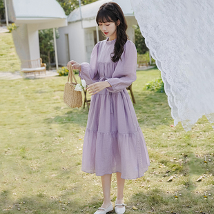 茶歇法式紫色连衣裙春装，女2024年高级感显瘦仙女超，仙森系长裙