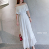 拼接蕾丝雪纺一字肩连衣裙仙，女超仙甜美2023夏高端(夏高端)气质中长款