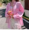 防晒衣衬衫女夏季女装宽松纯棉休闲长袖粉色吊带外搭开衫衬衣