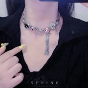 轻奢重金属多元素水晶纽扣设计感短款锁骨链反主流文化青年颈链女