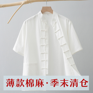 唐装男夏季薄款短袖，中老年中国风棉麻，中式复古盘扣立领衬衫汉服
