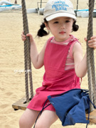 yiyaya夏天季款女小童装，纯色口袋收腰背带，吊带牛仔连衣裙旅行沙滩