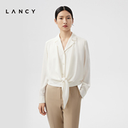 LANCY/朗姿2024春季奶白色桑蚕丝通勤衬衫下摆打结系带高级感
