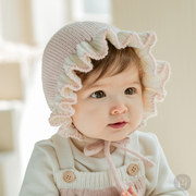 韩国进口婴幼儿童秋冬季针织毛线，帽子女宝宝，木耳边套头帽公主胎帽