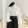 白色polo领灯笼袖衬衫，女秋冬设计感宽松蕾丝，拼接长袖上衣打底衬衣