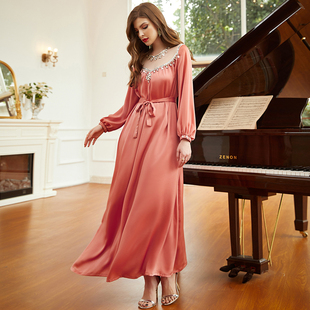 法式大码长袖长裙橘粉色，网纱镂空拼接手工缝钻超仙连衣裙女士
