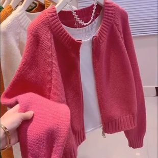 2024韩版宽松慵懒外穿拉链针织，开衫短款玫红色，毛衣外套女秋季