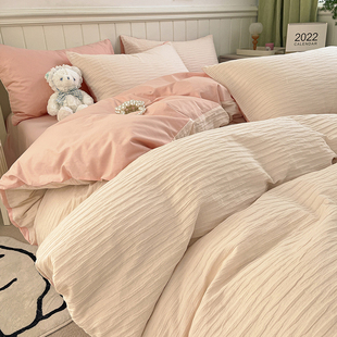 泡泡纱纯色四件套韩版全棉，少女公主风床上用品床单，被套纯棉4件套